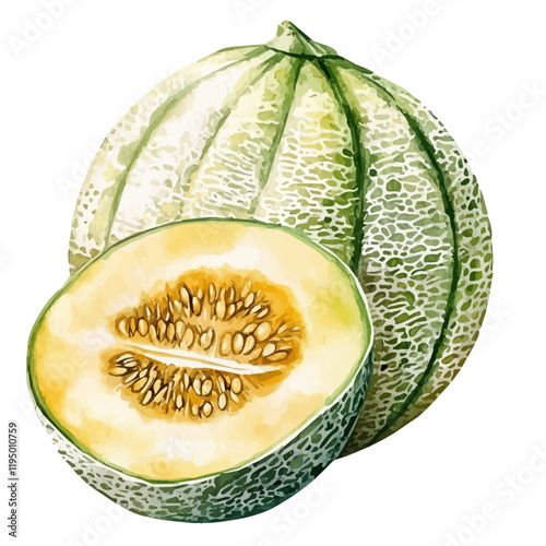 A watercolor clipart of Galia Melon, isolated on a white background. Galia Melon vector.
