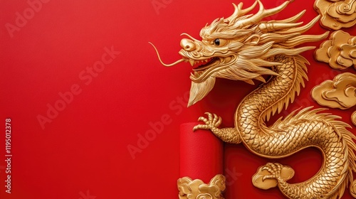 A vibrant golden dragon entwines around a red column, set against a bold red backdrop, symbolizing power, strength, and cultural richness in an Asian-inspired design. photo