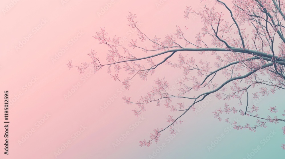 Spring landscape for banner, cherry blossoms bloom on a soft pastel background of pale pink, lavender and mint green. The branches stretch out, creating a peaceful and harmonious atmosphere. Spring landscape for banner, cherry blossoms bloom on a soft pastel background of pale pink, lavender and mint green. The branches stretch out, creating a peaceful and harmonious atmosphere.