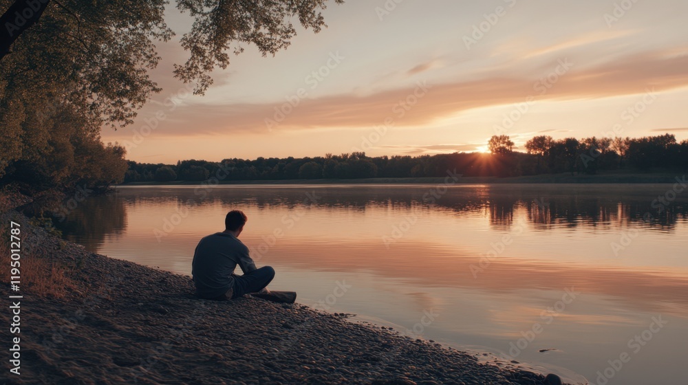 Man sitting on the seashore watching the sunset. He is sitting on the sand. The sea is calm

