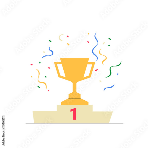 Golden Trophy On Winner Podium In Flat Vector Illustration Symbolizing Achievement, Success, And Victory, Isolated On White Background.