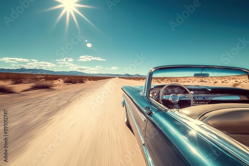 close-up blue vintage retro convertible in hot sandy desert road with bright daylight and clear blue skies
