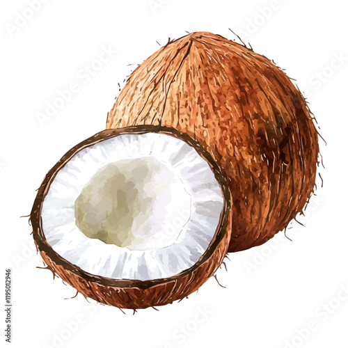 A watercolor painting of Coconut, isolated on a white background. Coconut vector.
