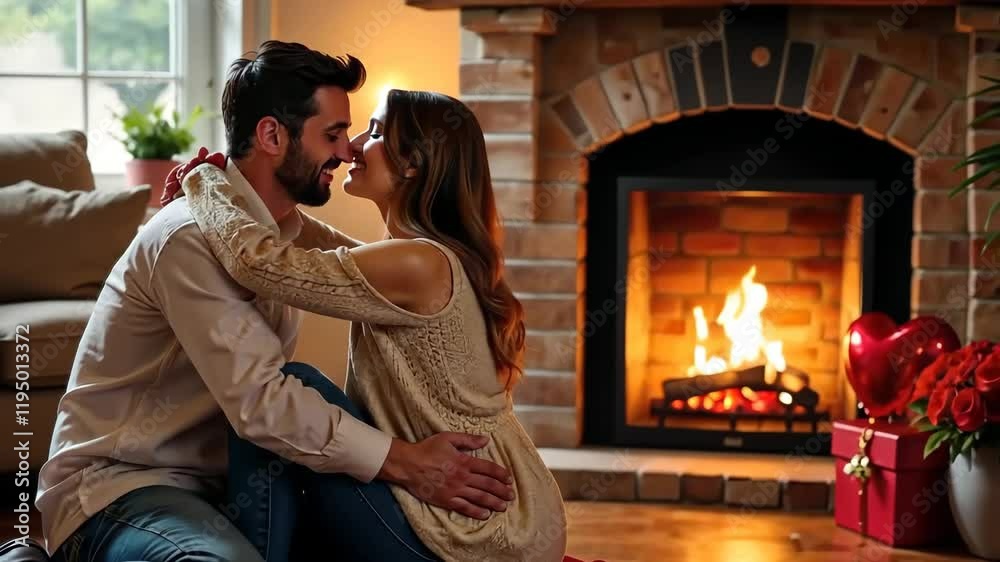 A happy couple hugging in a mountain cabin by a fireplace with a blazing fire, next to gifts and flowers. Romantic date on Valentine's Day. Generative 4k video A happy couple hugging in a mountain cabin by a fireplace with a blazing fire, next to gifts and flowers. Romantic date on Valentine's Day. Generative 4k video
