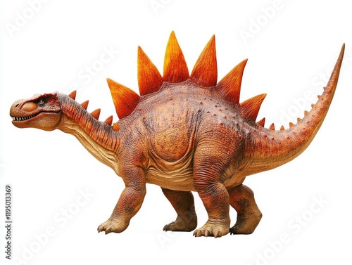 Orange dinosaur model, isolated white background, prehistoric creature, educational resource photo