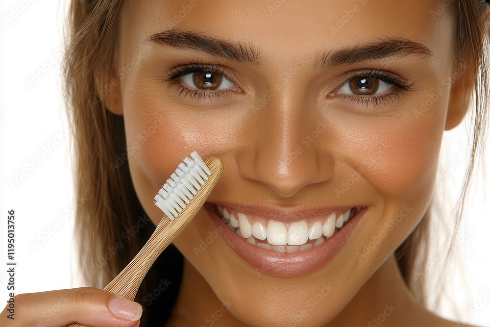 Smiling Woman Holding a Bamboo Toothbrush with a Bright Smile, Promoting Eco-Friendly Dental Care and Sustainable Hygiene Practices for a Healthier Planet Smiling Woman Holding a Bamboo Toothbrush with a Bright Smile, Promoting Eco-Friendly Dental Care and Sustainable Hygiene Practices for a Healthier Planet