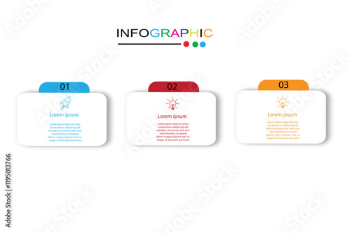 3 Steps Infographics Design Template - Graph, Pie chart, workflow layout, squire diagram, brochure, report, presentation, web design. Editable Vector