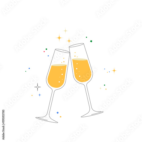 Two Champagne Glasses Clinking With Sparkling Wine In Flat Vector Illustration Symbolizing Celebration, Toast, And Festive Spirit, Isolated On White Background