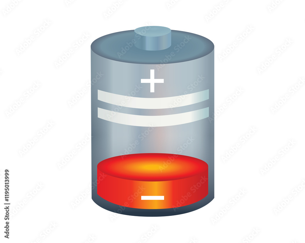 Red cylinder recharging battery cell icon with minimal amount of power remaining Red cylinder recharging battery cell icon with minimal amount of power remaining