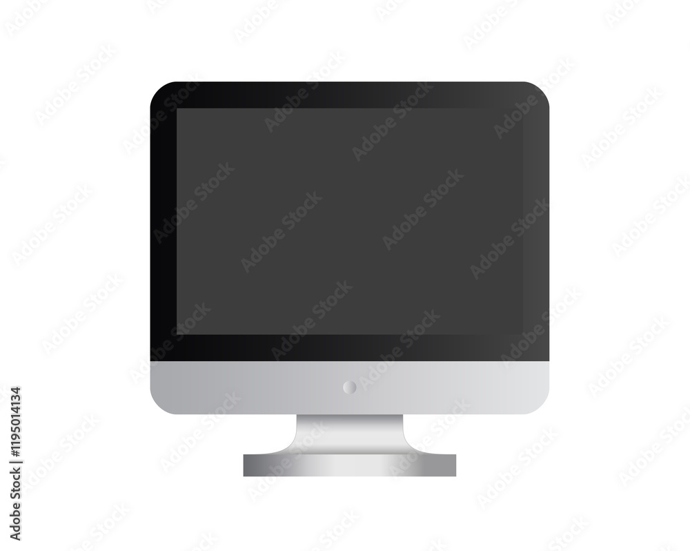 Black and silver desktop personal computer icon in front view, gray device, opened to show a dark screen Black and silver desktop personal computer icon in front view, gray device, opened to show a dark screen