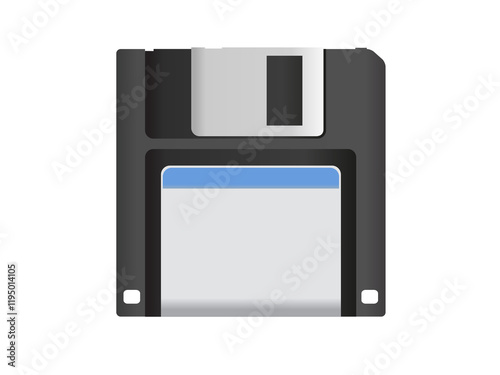 Black 3.5 inch floppy disk, save icon with silver shutter positioned up and white label