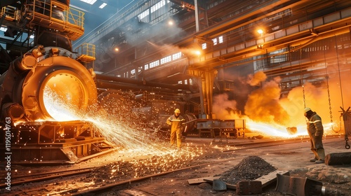 Production process at a steel plant. Work in the foundry. The process of work at a metallurgical plant. Metallurgists. Blast furnace. Melting metal. Domna. Conveyor.	 photo