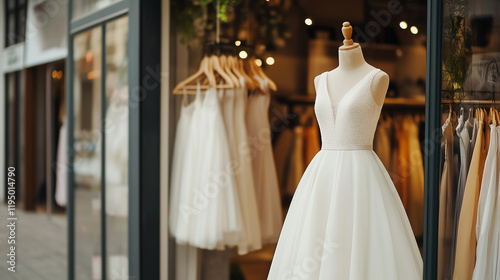 modern wedding dress on a full-length mannequin in a store photo