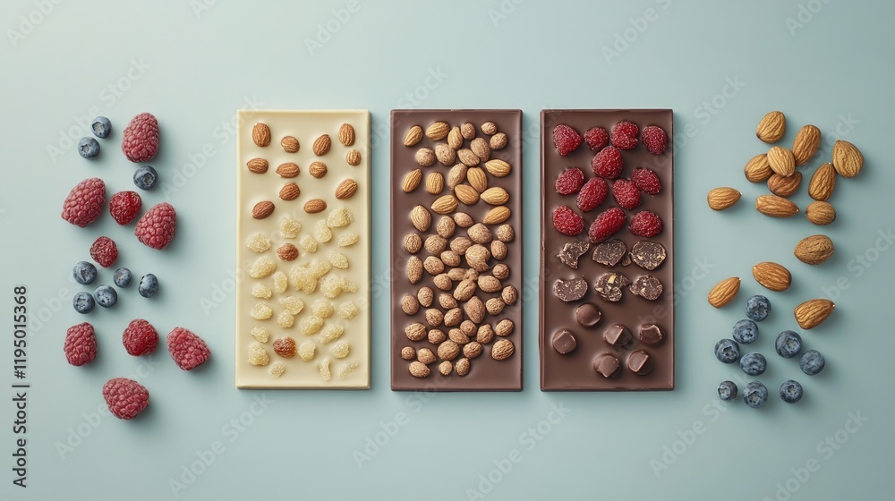 Premium chocolate slabs with a variety of nuts and dried fruits placed on a clean pastel surface, styled flat. Premium chocolate slabs with a variety of nuts and dried fruits placed on a clean pastel surface, styled flat.