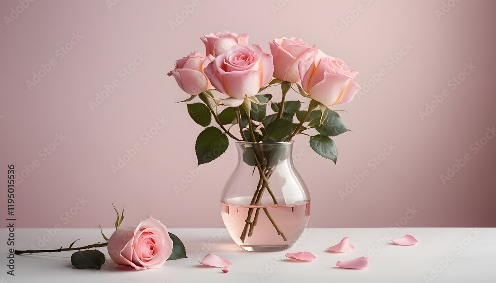 Fototapeta premium Delicate Pink Roses in a Glass Vase: A Serene Floral Still Life