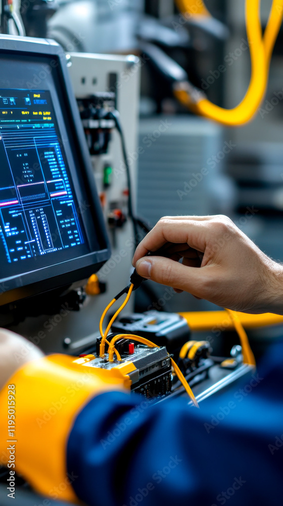 custom made wallpaper toronto digitalA technician works on electronic equipment, using a computer display to monitor signals and connect wires in a high-tech environment.