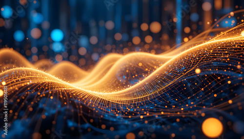 Abstract futuristic background with gold and blue glowing neon moving high speed wave lines and bokeh lights. Visualization of sound waves. Data transfer concept. Fantastic wallpaper. Generative AI Se