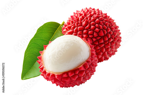 Juicy lychee fruit with red skin, white flesh and green leaves isolated on white transparent background, concept of tropical fruit