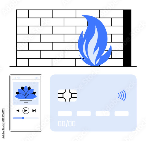 Brick firewall with flames, blue contactless payment card, smartphone playing meditation app. Ideal for online security, payment safety, relaxation apps, mindfulness, tech balance, digital wellbeing