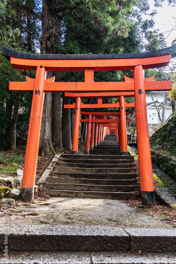 Naklejka premium Red Torii Gate Pathway Leading Upward in Arikoyama Inari Shrine, Izushi, Japan