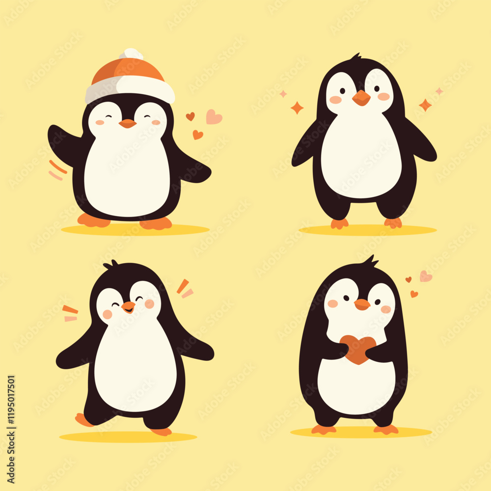 Naklejka premium Cute penguins cartoon icons set. Wild nature little penguin vector illustration isolated on yellow background.