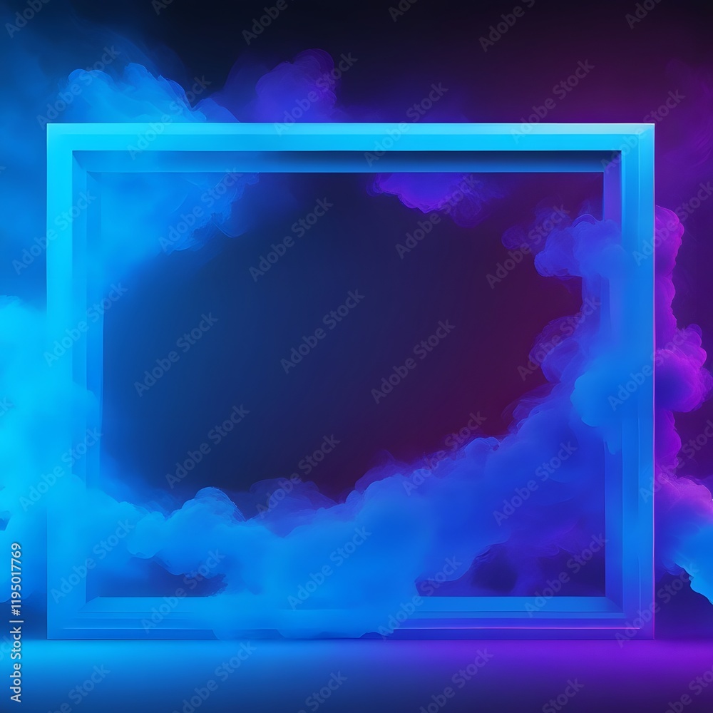 Naklejka premium Abstract blue Neon light 3d Frame with Colorful Smoke Background