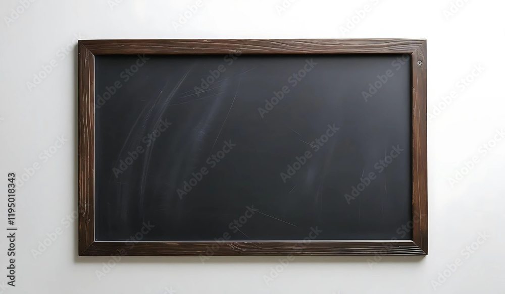 A blank blackboard with a wooden frame hangs on a white wall. A blank blackboard with a wooden frame hangs on a white wall.