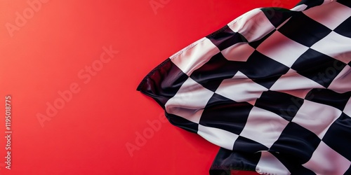 Checkered flag in black and white positioned on the right side against a vibrant red backdrop creating a striking visual contrast photo