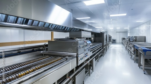 Industrial food processing equipment with shiny metallic details in a clean, well-lit factory environment