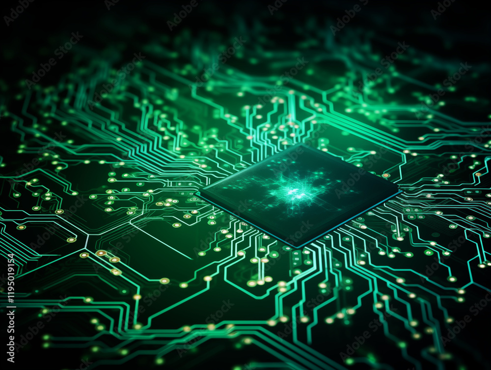 Obraz premium A circuit board with a glowing chip in the center, 3D rendered illustration, close-up, dark background, futuristic style, green and black color scheme