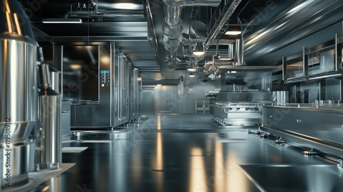 Industrial food processing equipment with shiny metallic details in a clean, well-lit factory environment