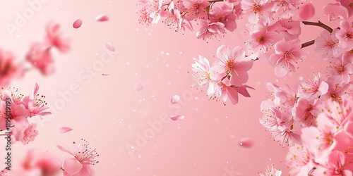 Delicate pink cherry blossoms scattered against a soft pink background with petals gently falling, creating a serene floral atmosphere. photo