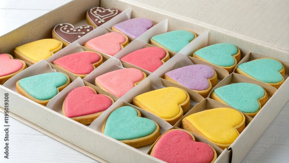 A box of assorted heart-shaped shortbread cookies in various colors, colored cookies, heart shaped shortbread cookies, valentine's treats, packaged desserts A box of assorted heart-shaped shortbread cookies in various colors, colored cookies, heart shaped shortbread cookies, valentine's treats, packaged desserts