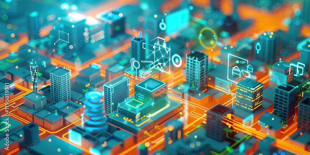 Obraz premium Digital Cityscape with Integrated Network Infrastructure