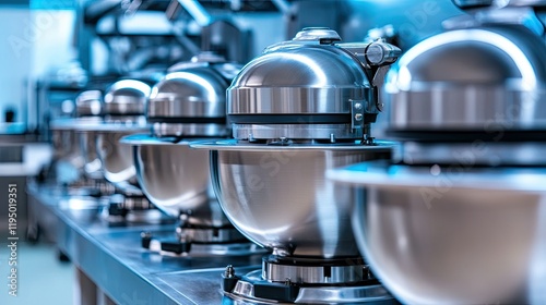 Industrial-grade food mixers in a state-of-the-art factory, clean and well-maintained equipment with copy space