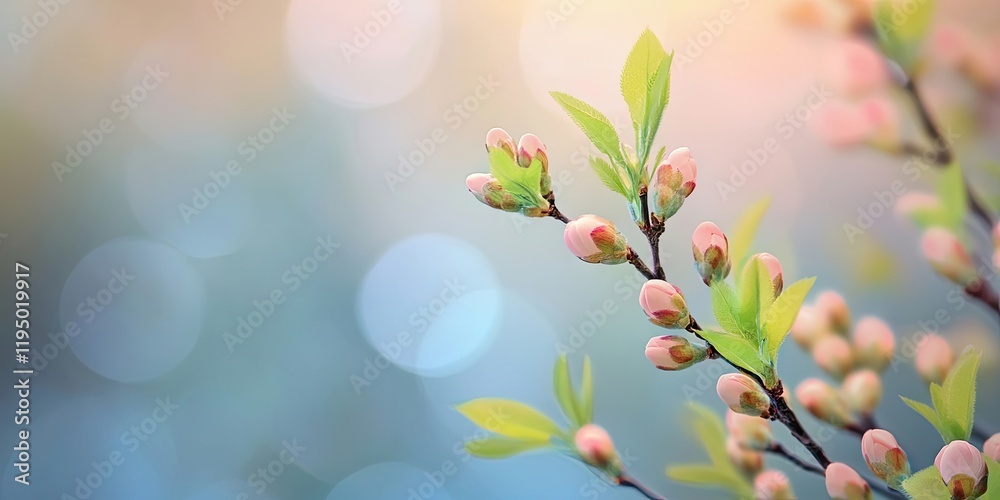 Delicate pink flower buds on a branch with soft green leaves against a blurred pastel background featuring gentle teal and peach tones. Delicate pink flower buds on a branch with soft green leaves against a blurred pastel background featuring gentle teal and peach tones.