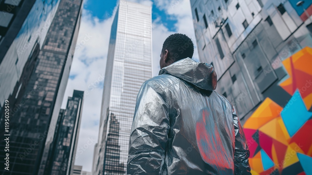 man in a futuristic silver jacket, walking through an urban park, with sleek skyscrapers and vibrant street art forming the background man in a futuristic silver jacket, walking through an urban park, with sleek skyscrapers and vibrant street art forming the background