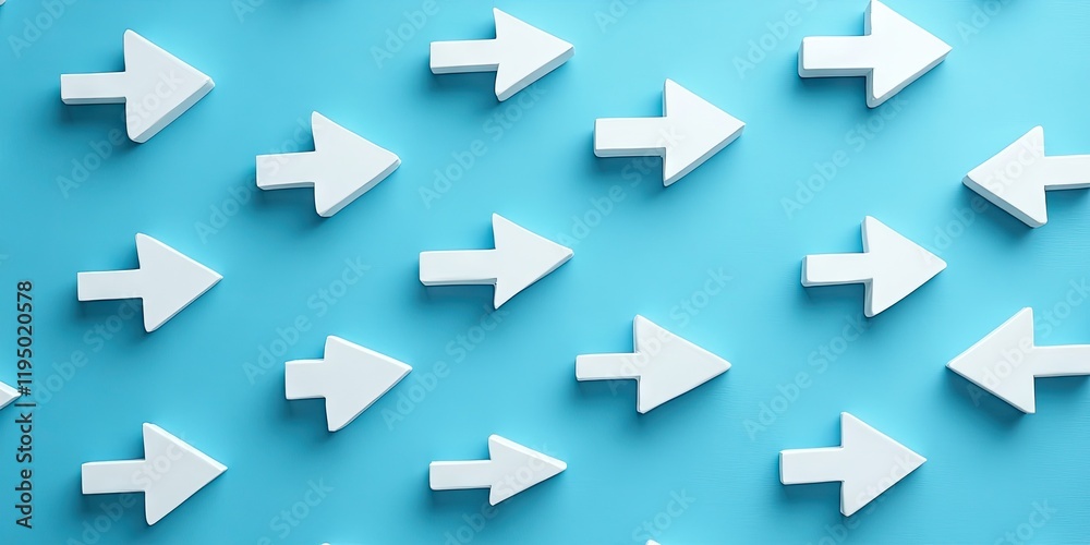 White arrows on a vibrant turquoise background, arranged dynamically to symbolize leadership, purposefulness, and self-development concepts. White arrows on a vibrant turquoise background, arranged dynamically to symbolize leadership, purposefulness, and self-development concepts.