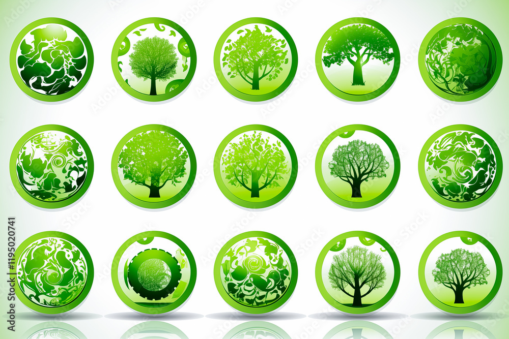 Illustration of trees and environment in round icons on a white isolated background. Image created with AI Illustration of trees and environment in round icons on a white isolated background. Image created with AI