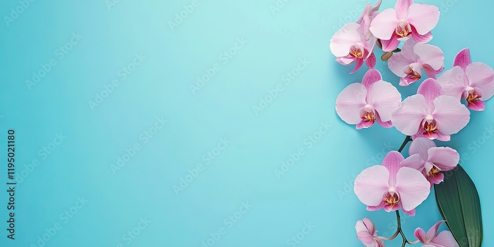 Pink and white Phalaenopsis orchids in the bottom left corner on a turquoise background with ample negative space for text placement on the right Pink and white Phalaenopsis orchids in the bottom left corner on a turquoise background with ample negative space for text placement on the right
