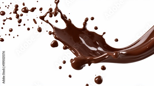 Chocolate splash, swirl, and droplets on white background.