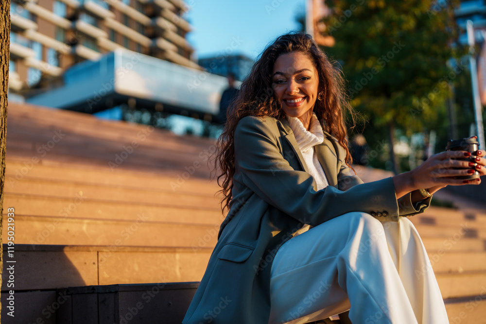 Smiling stylish woman with long hair sits on outdoor steps, holding a coffee cup and posing for photos.