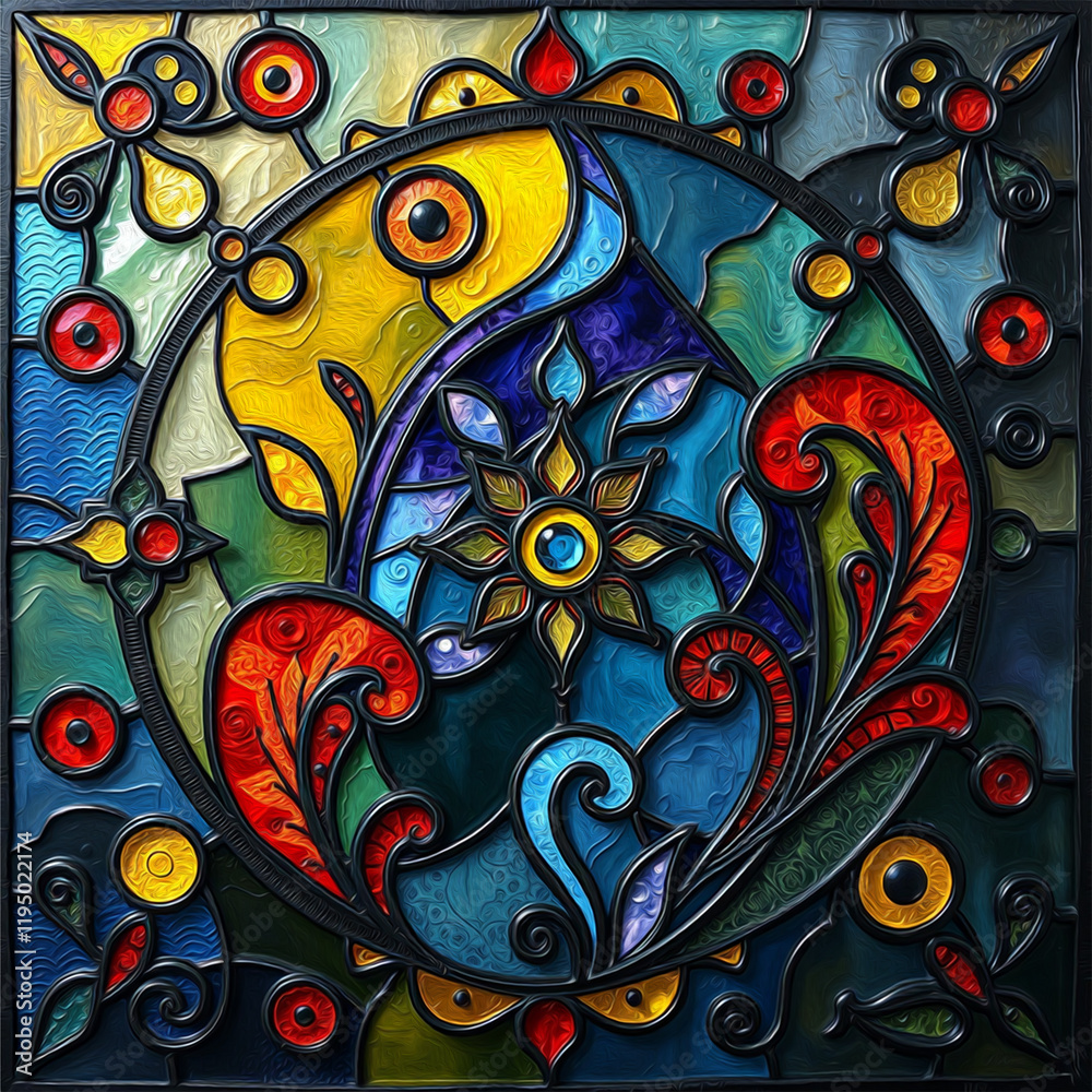 Naklejka premium Colorful stained glass window. . Multicolored interior design template. Oil painting