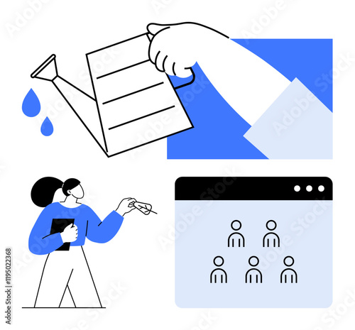 Hand with watering can, paper growth metaphor, person with clipboard gesture, and digital profile icons. Ideal for growth, teamwork, recruitment, development, training leadership abstract line flat