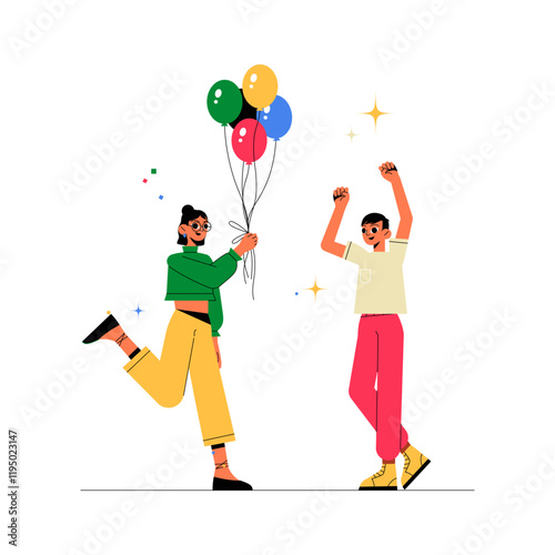 Male And Female Characters Celebrating With Balloons In Flat Vector Illustration Symbolizing Festivity, Joy, And Friendship, Isolated On White Background.