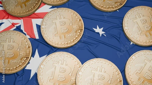 Several bitcoins are laid out on the flag of Australia