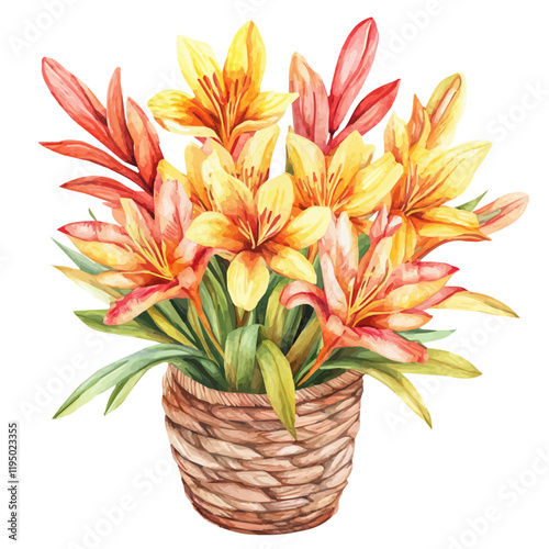 A watercolor illustration of a torch lily bouquet in a basket, isolated on a white background. Torch lily bouquet vector.
 photo