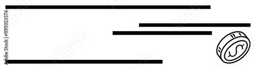 Coin symbol rapidly rolling with speed lines. Ideal for finance, banking, investments, savings, rapid transactions economic growth digital currency. Line metaphor. Line metaphor. Simple line icons