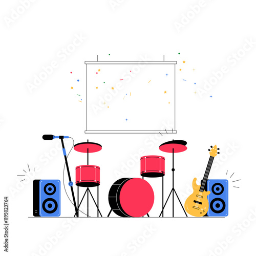 Drum Set With Cymbal And Microphone In Flat Vector Illustration Symbolizing Music, Rhythm, And Celebration, Isolated On White Background.