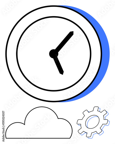 Clock with black hands, cloud, and gear. Ideal for time management, productivity, workflow optimization, project planning, cloud computing automation digital efficiency. Line metaphor